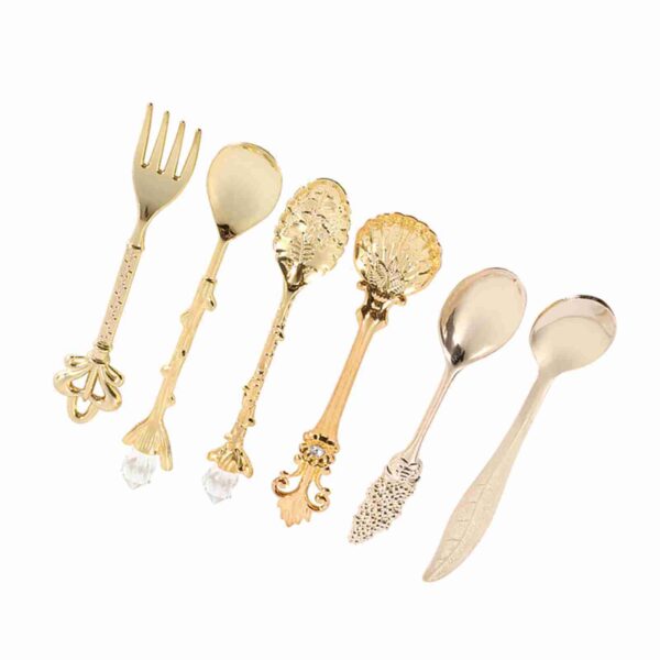 6Pcs/Set Retro Royal Style Metal Mini Coffee Spoons and Fork Kitchen Fruit Accessories Golden - Image 8