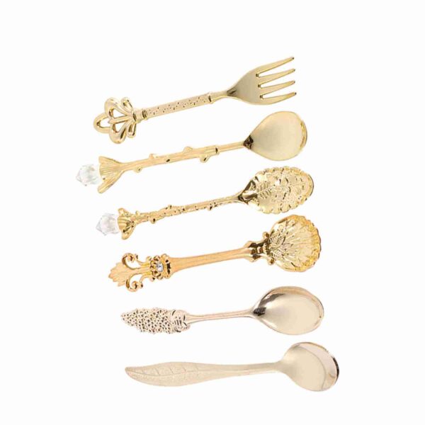 6Pcs/Set Retro Royal Style Metal Mini Coffee Spoons and Fork Kitchen Fruit Accessories Golden - Image 7