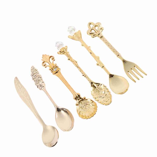 6Pcs/Set Retro Royal Style Metal Mini Coffee Spoons and Fork Kitchen Fruit Accessories Golden - Image 5