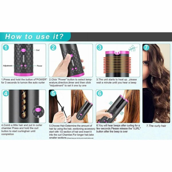 Portable Automatic Hair Curler, Ceramic Rotating Wireless Auto Curling Iron Wand, Portable USB Rechargeable Spin Curler For Hair Styling - Image 7