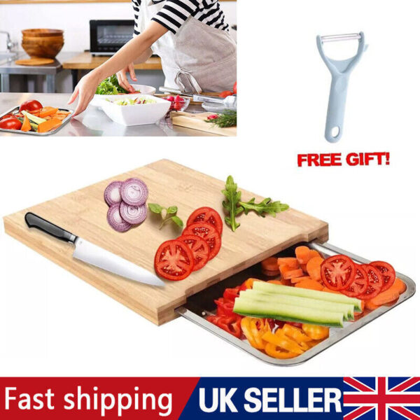 Bamboo Wooden Chopping Board Cutting Slicing  Sliding Stainless Steel Tray - Image 9