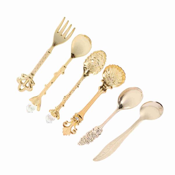 6Pcs/Set Retro Royal Style Metal Mini Coffee Spoons and Fork Kitchen Fruit Accessories Golden - Image 6